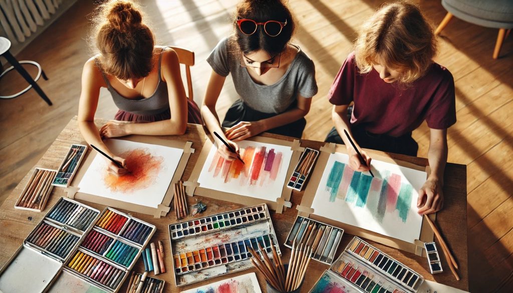 Three women are sitting around a table, engrossed in an art class, working on various painting and drawing projects.